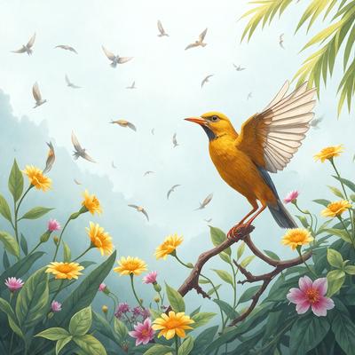 The primary subject of the image is a bird perched on a branch in a flower garden. The bird is surrounded by a variety of flowers, creating a vibrant and colorful scene. The setting is a lush, green garden with a blue sky in the background. The visual style of the image is a combination of digital art and illustration, giving it a unique and artistic appearance. The colors and mood of the image are predominantly warm and inviting, with the flowers and the bird's yellow feathers adding